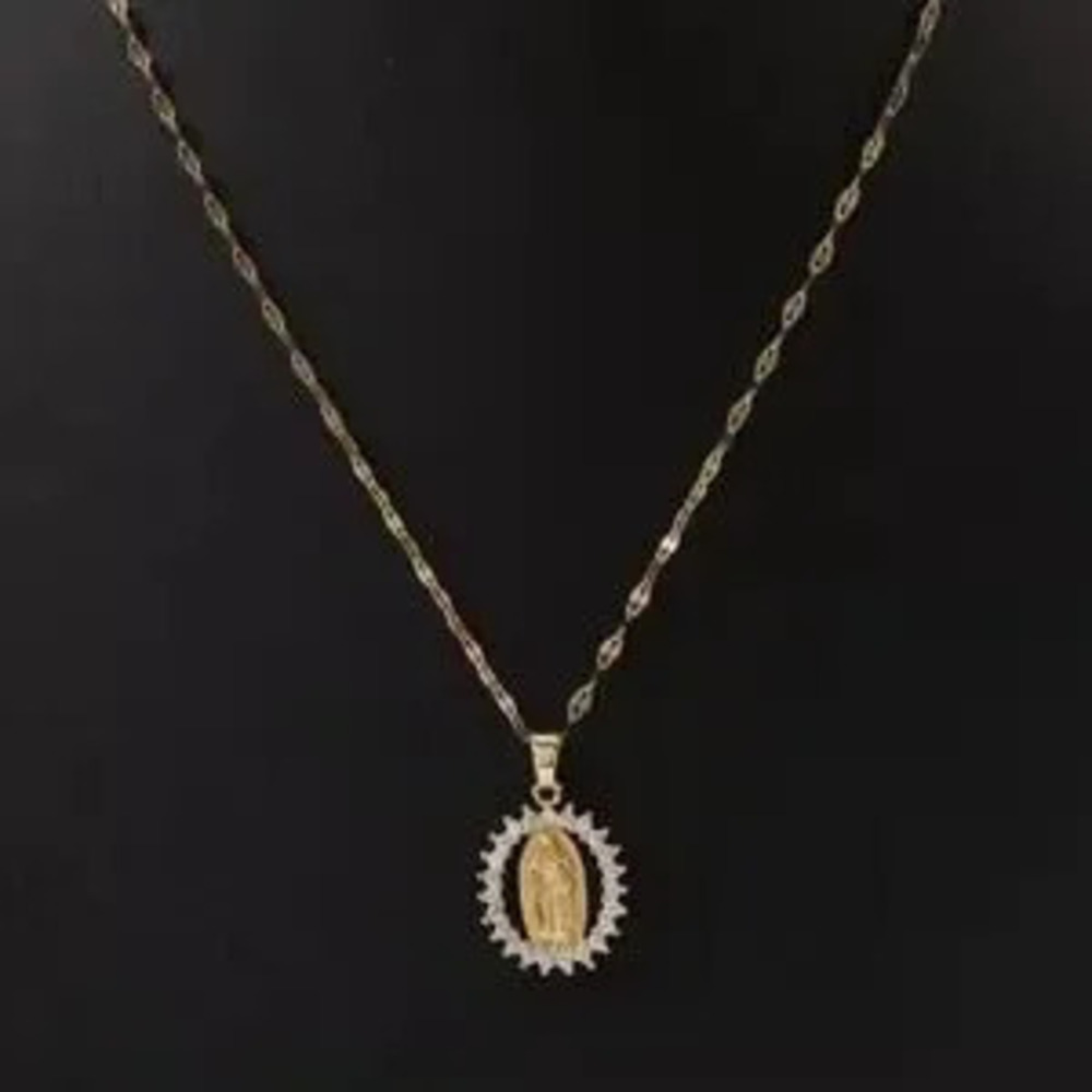 Gold Plated Virgin Mary Necklace CZ Diamonds Lady of Guadalupe Birthday Gift NEW